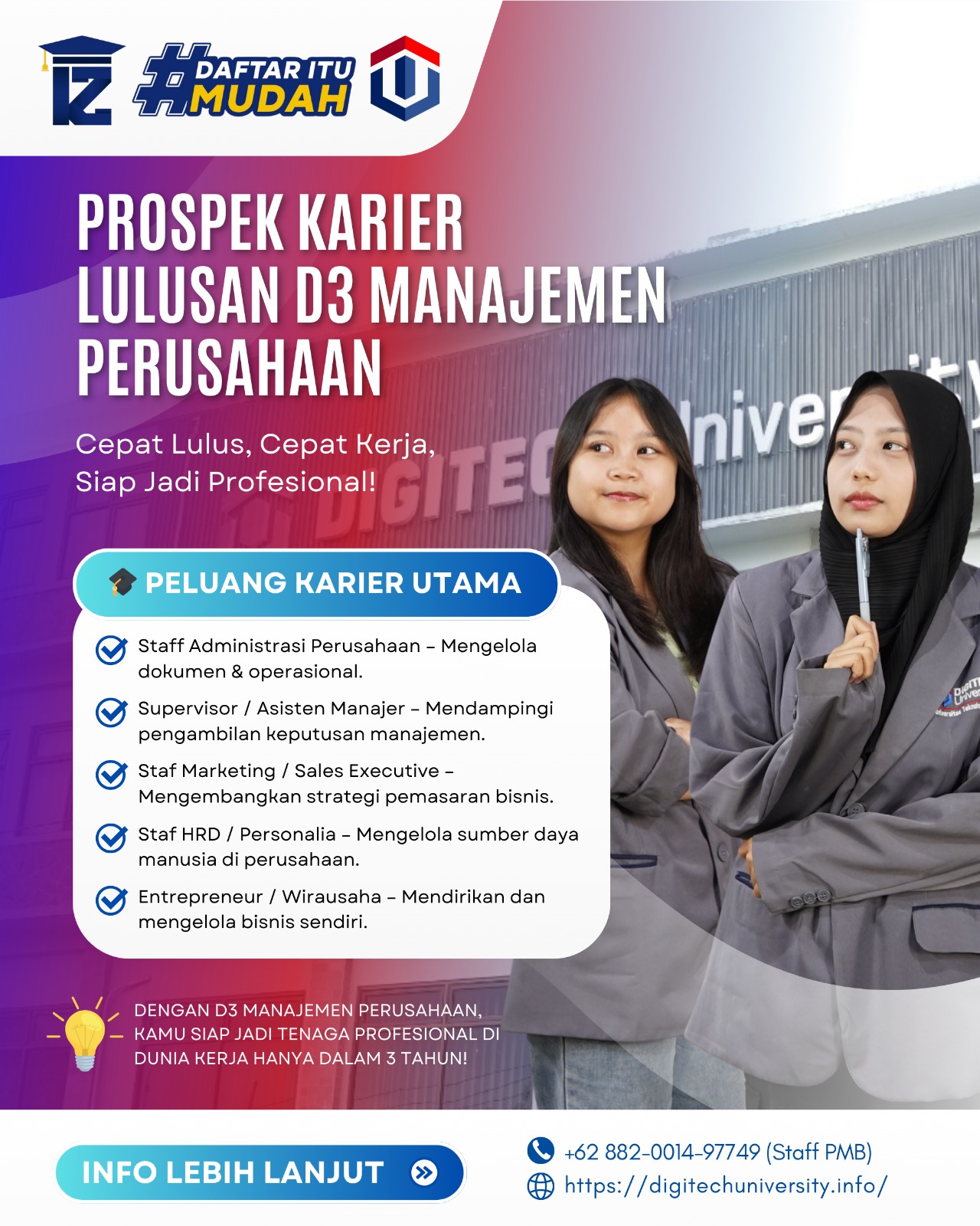 Kuliah D3 Manajemen Perusahaan Digitech University, Lulus Cepat, Kerja Cepat