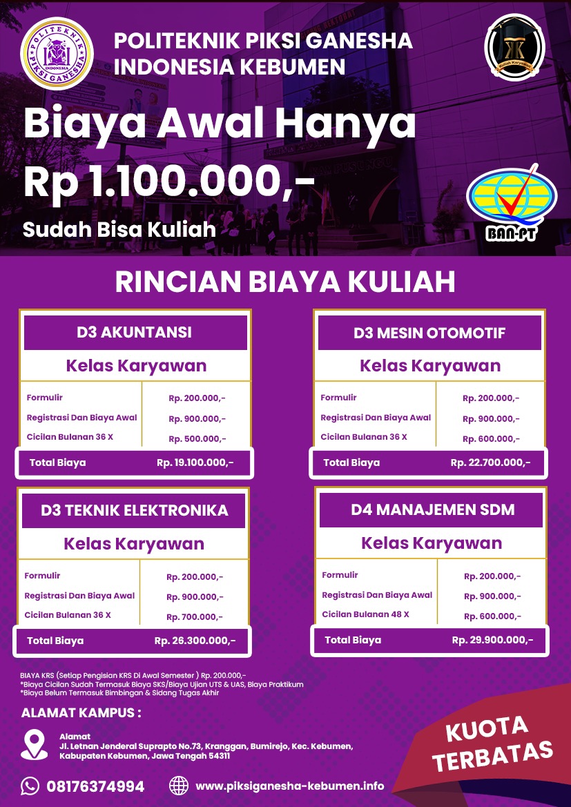 Kuliah di Politeknik Piksi Ganesha Indonesia Kebumen di Jamin Langsung Kerja