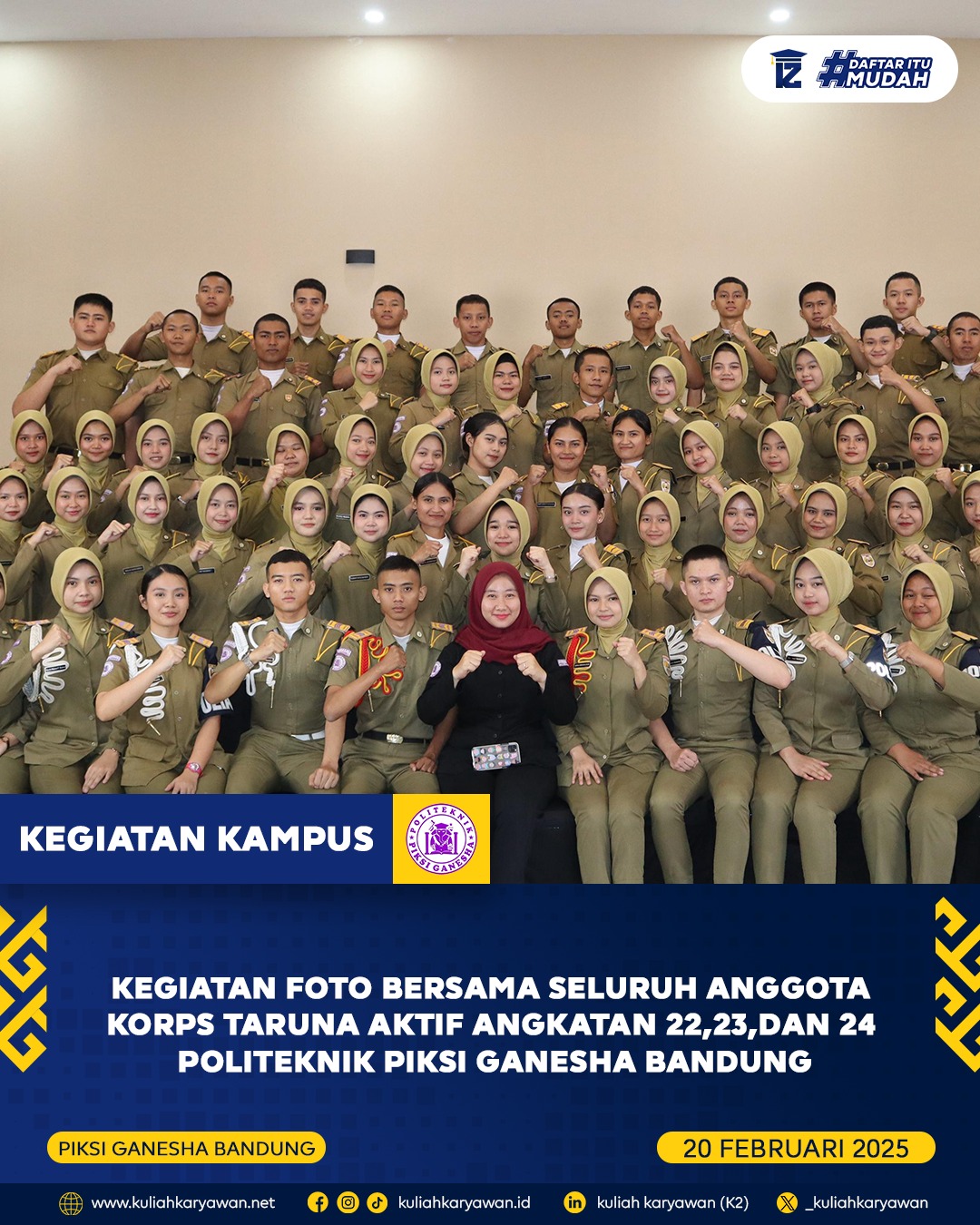 Kegiatan foto bersama seluruh anggota korps taruna aktif angkatan 22,23,dan 24 politeknik piksi Gane