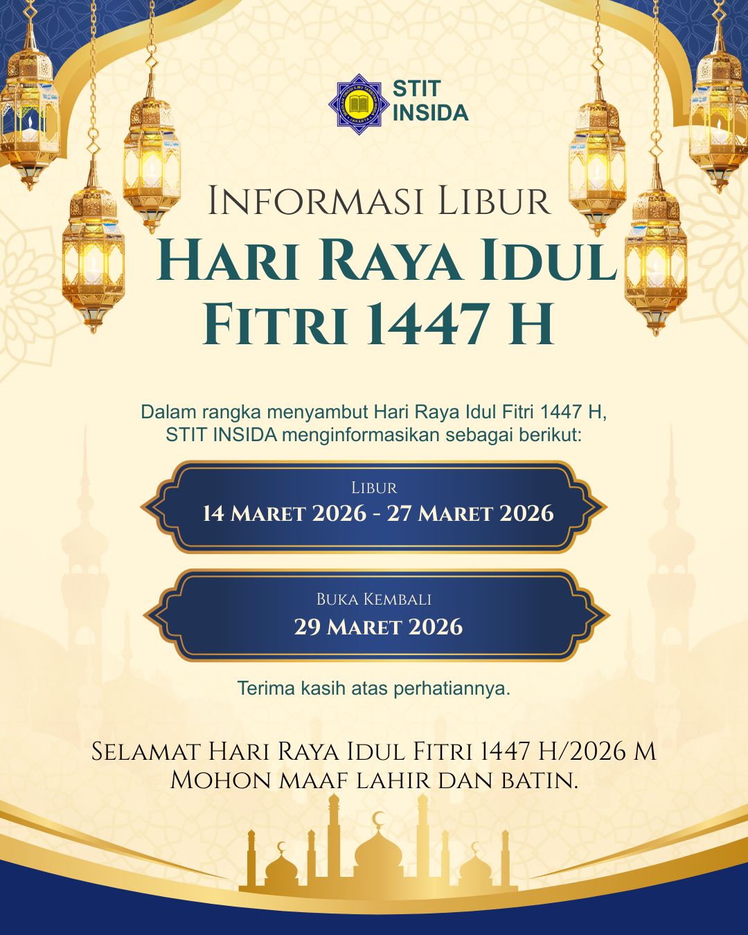 Jadwal Libur Hari Raya Idul Fitri 1447 H / 2026 M STIT INSIDA