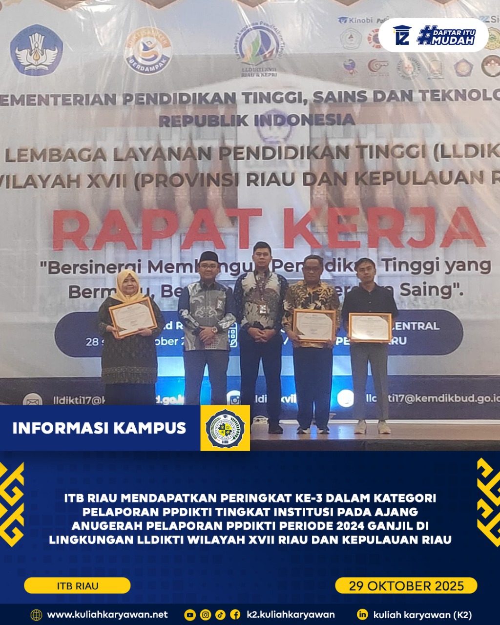 ITB RIAU Berhasil Meraih Peringkat ke 3 dalam Ajang Anugerah Pelaporan PPDIKTI