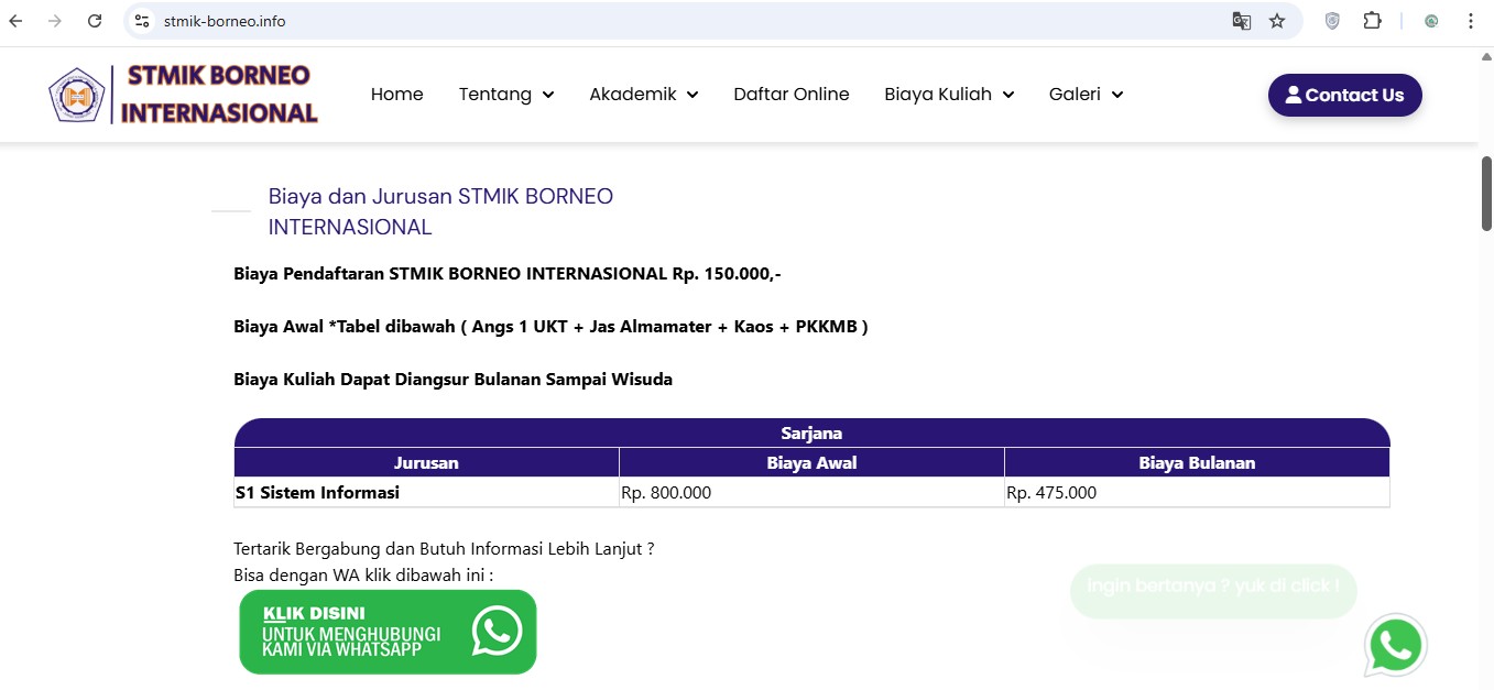 WEBSITE KAMPUS DAN HARGA KAMPUS S1 STMIK BORNEO INTERNASIONAL
