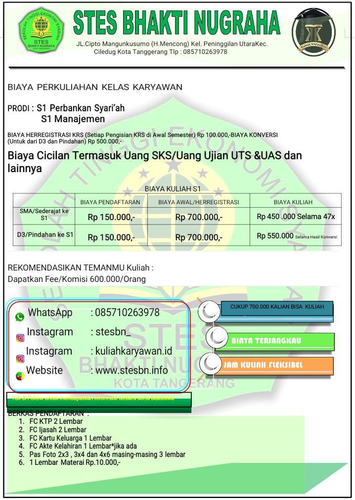 Biaya kuliah STES Bhakti Nugraha
