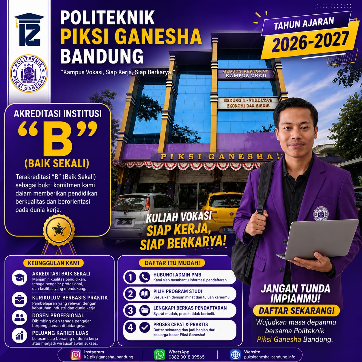 Akreditasi Politeknik Piksi Ganesha Bandung B (Baik Sekali) Kampus Vokasi Siap Kerja