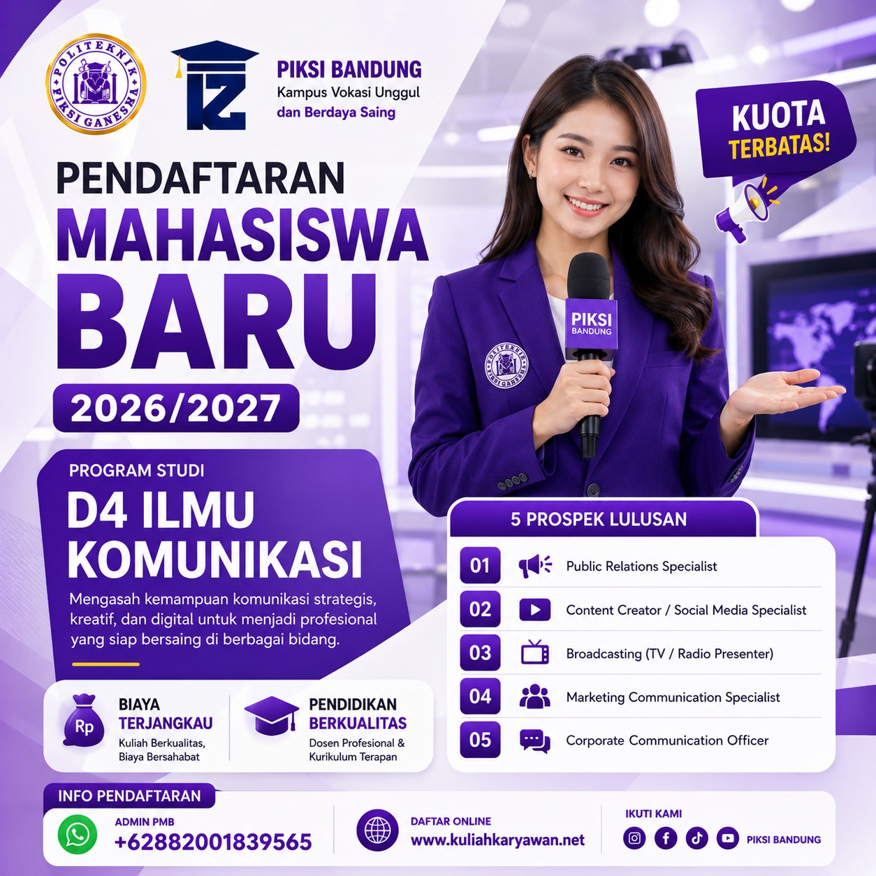 Daftar D4 Ilmu Komunikasi Politeknik Piksi Ganesha Bandung TA 2026/2027 Alternatif Jalur SNBT