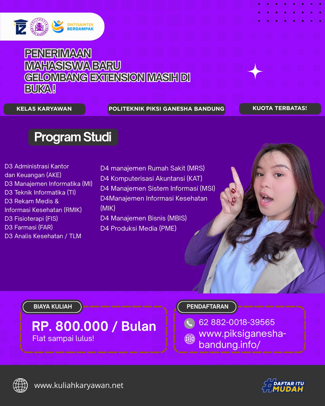 Penerimaan Mahasiswa Baru Kelas Karyawan Politeknik Piksi Ganesha Bandung Gelombang Extension