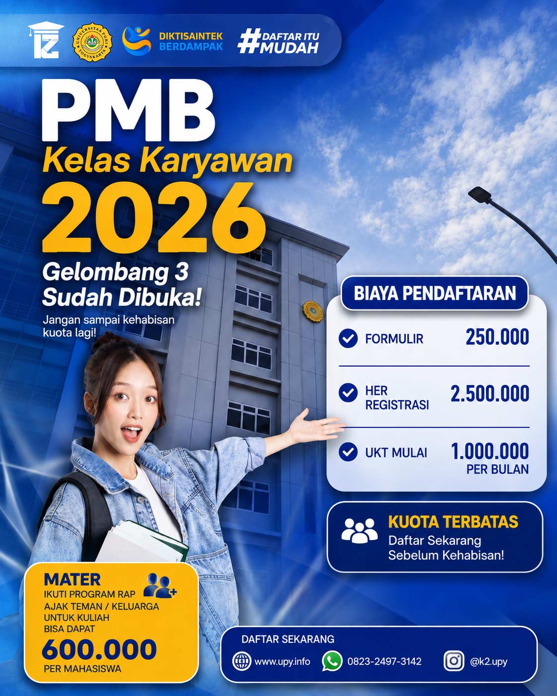 Pendaftaran Mahasiswa Baru Kelas Karyawan K2 UPY Gelombang 3 Resmi Dibuka