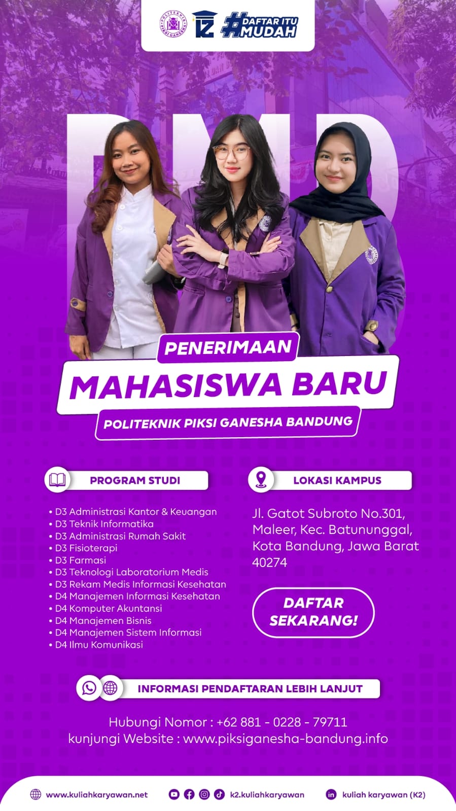 Pendaftaran Mahasiswa Baru Politeknik Piksi Ganesha Bandung Masih Tersedia