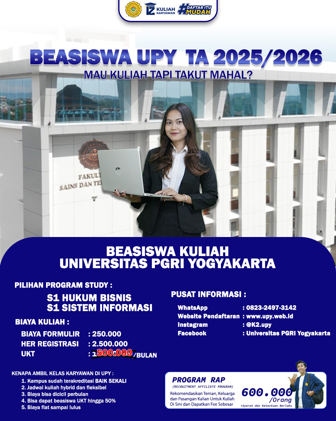 Beasiswa UKT Universitas PGRI Yogyakarta untuk Prodi S1 Hukum Bisnis & Sistem Informasi