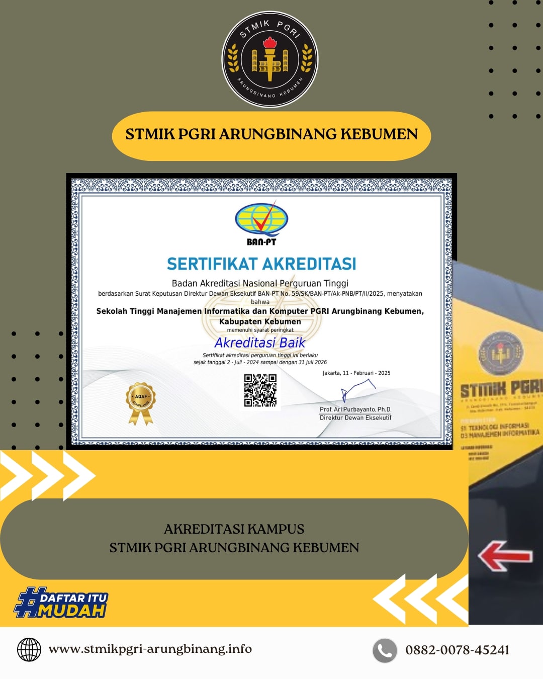 Akreditasi BAIK Untuk STMIK PGRI Arungbinang Kebumen