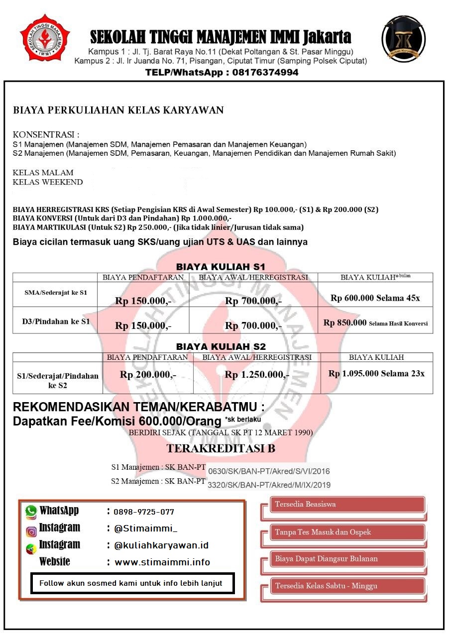 Biaya Perkuliahan Magister Manajemen Kelas Karyawan STIMA IMMI