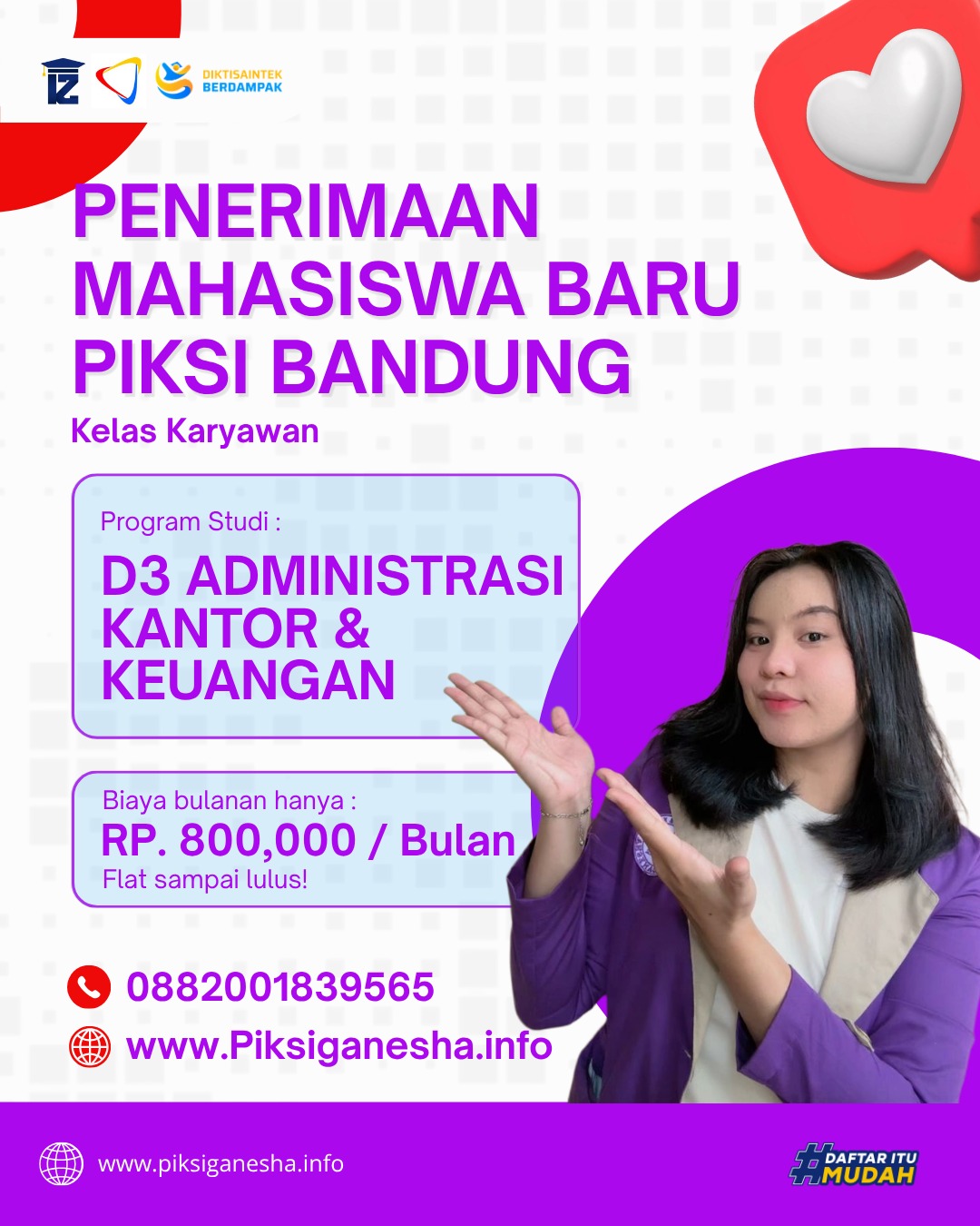 Pendaftaran Mahasiswa Baru Jurusan D3 Administrasi Kantor dan Keuangan di Piksi Ganesha Bandung