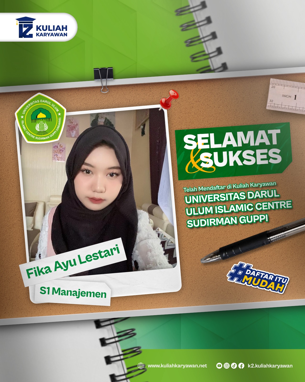 Selamat dan Sukses kak Fika Ayu lestari telah mandaftar di UNDARIS