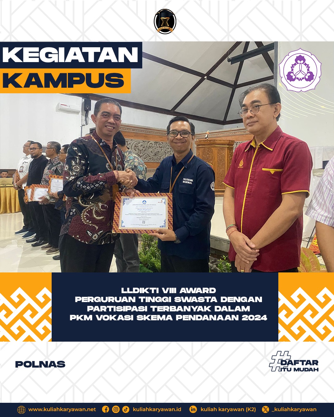 K2 Kampus Politeknik Nasional Mendapatkan Penghargaan LLDIKTI VIII AWARD