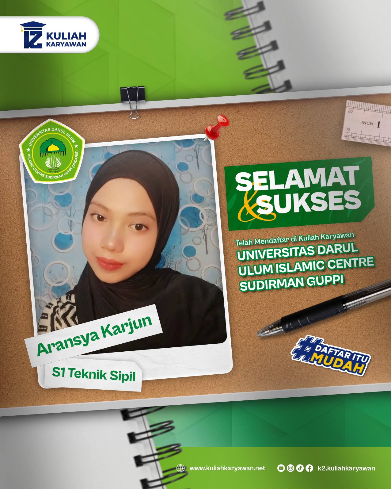 Selamat dan Sukses Kak Aransya Karjun telah mandaftar di UNDARIS