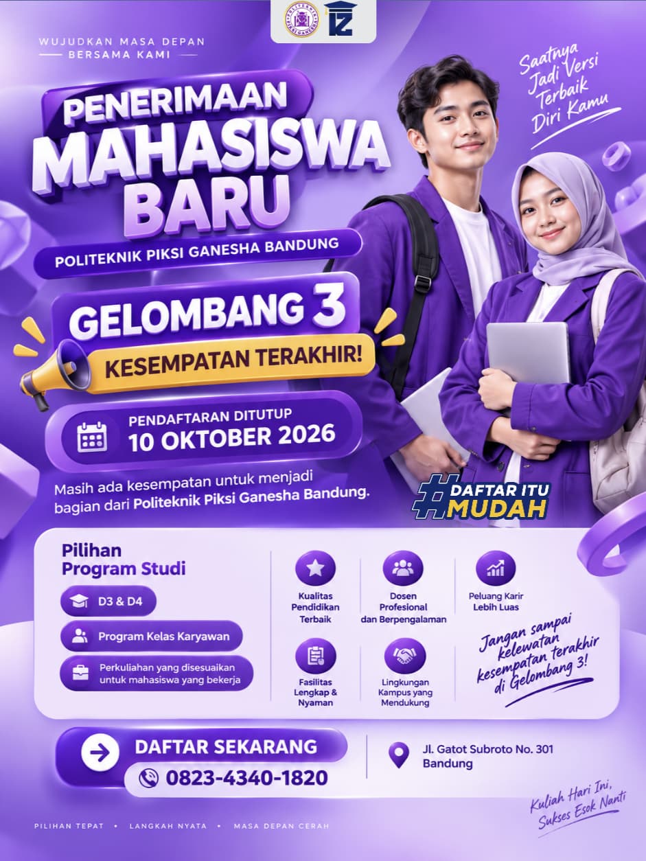 Pendaftaran Mahasiswa Baru Piksi Ganesha Bandung Gelombang 3 Dibuka hingga 10 Oktober 2026