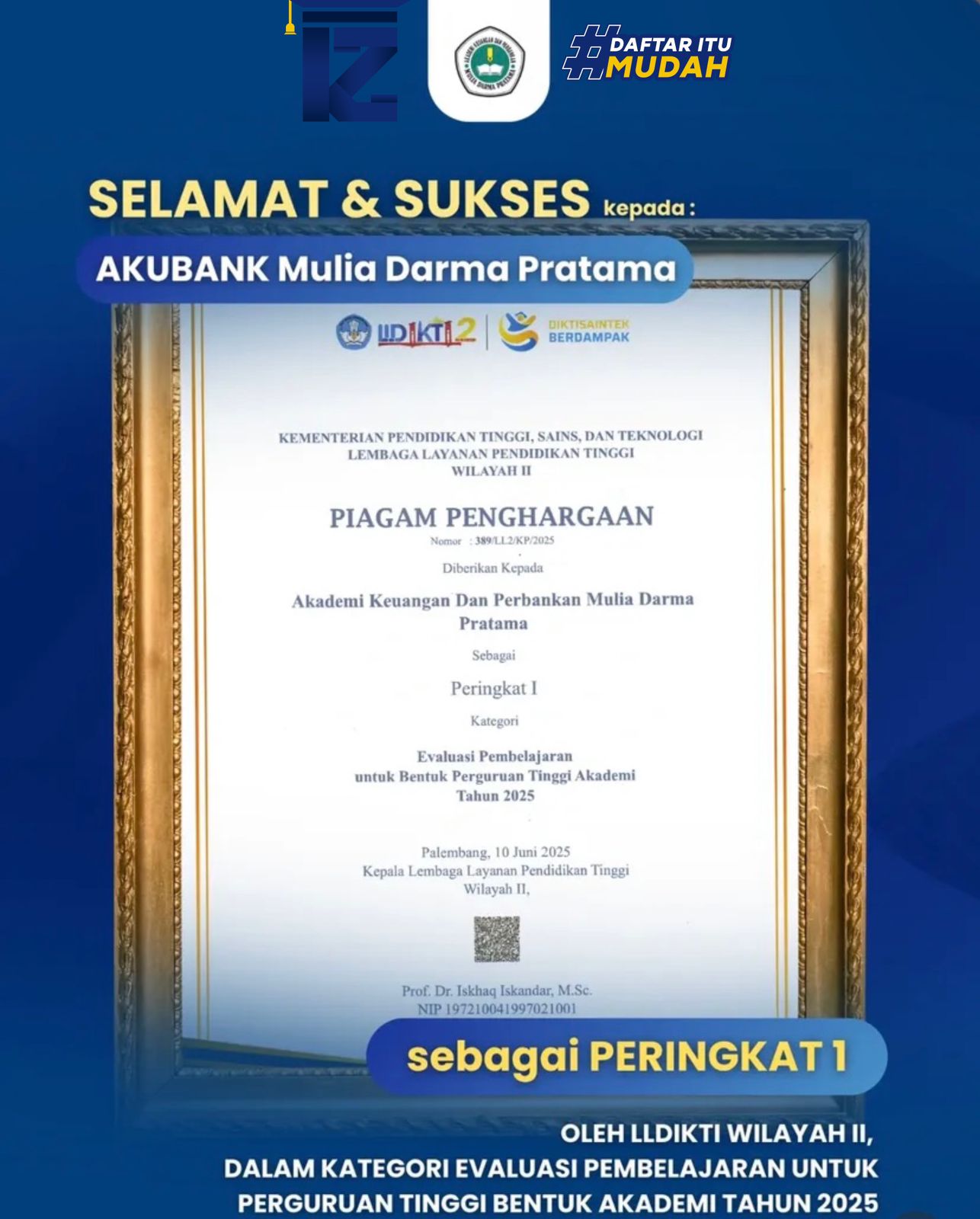 Kampus Akubank Mulia Darma Pratama Palembang Mendapatkan Penghargaan Dari LLDIKTI Wilayah II