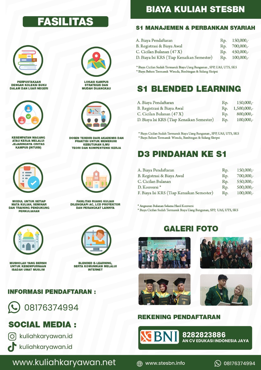 Pendaftaran Mahasiswa Pindahan dan Ekstensi D3-S1 Prodi Perbakan Syariah STES Bhakti Nugraha Ciledug