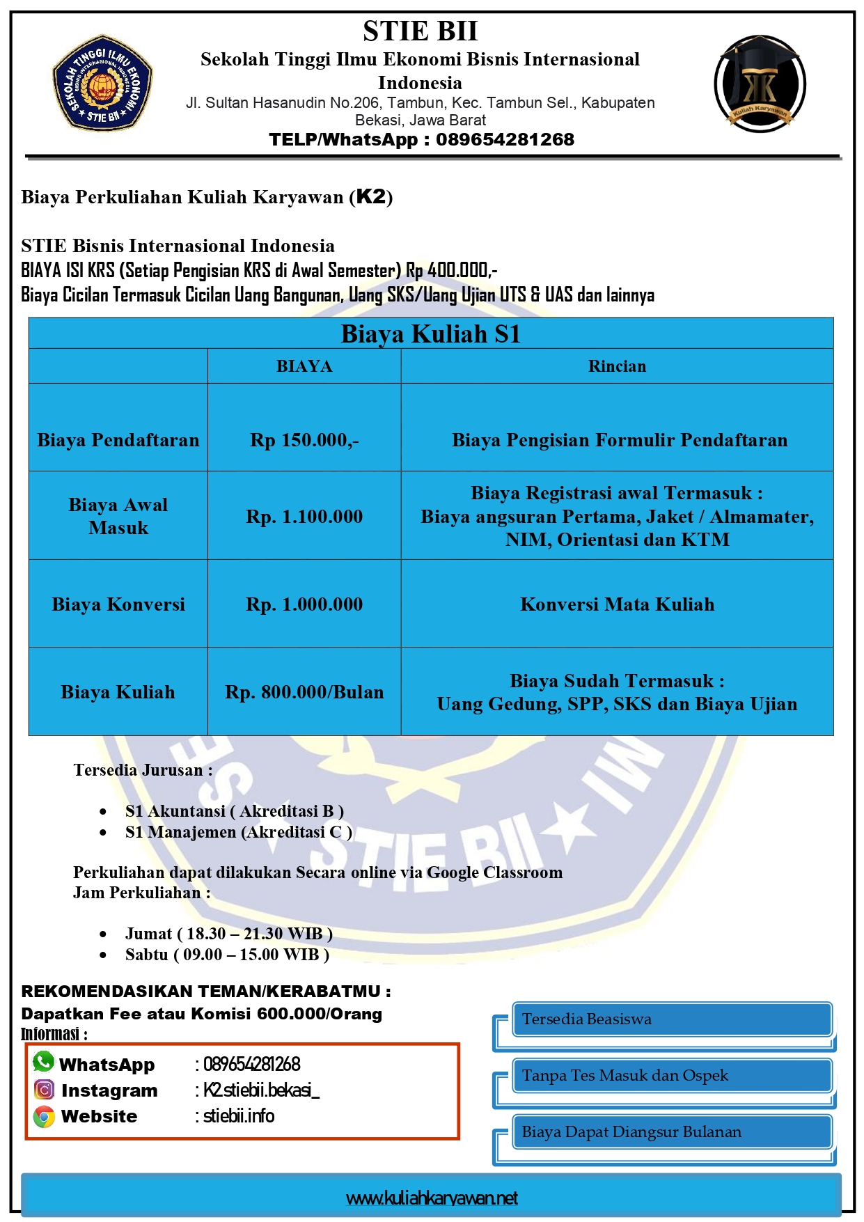 Biaya Kuliah D3 Ke S1 di Kampus STIE BII
