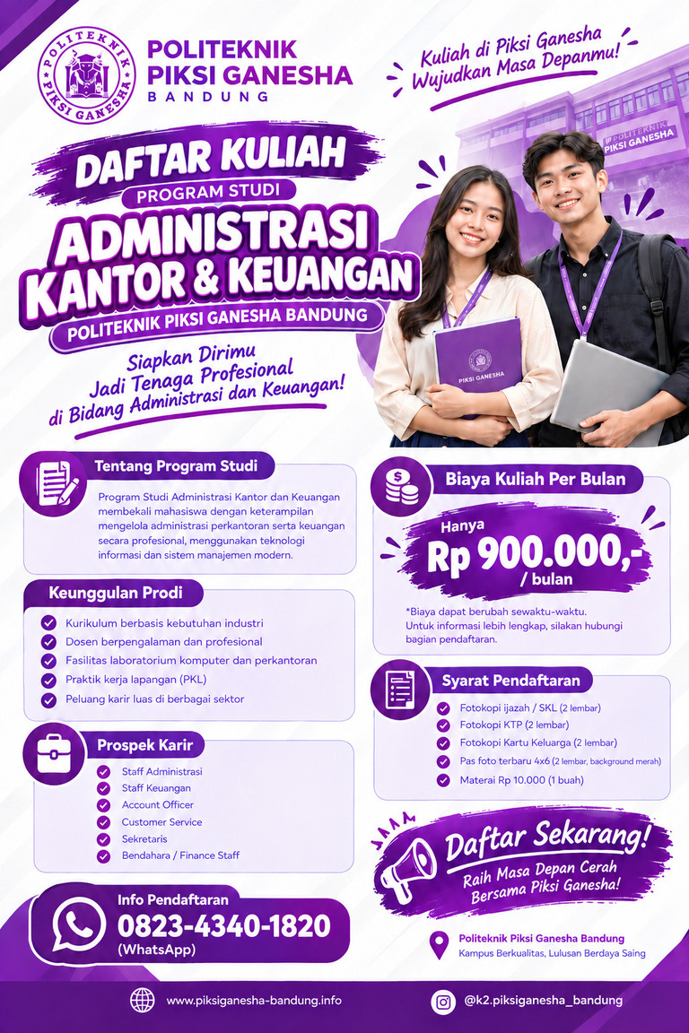 Pendaftaran Kuliah Administrasi Kantor dan Keuangan di Piksi Ganesha Bandung  TA Genap 2026/2027