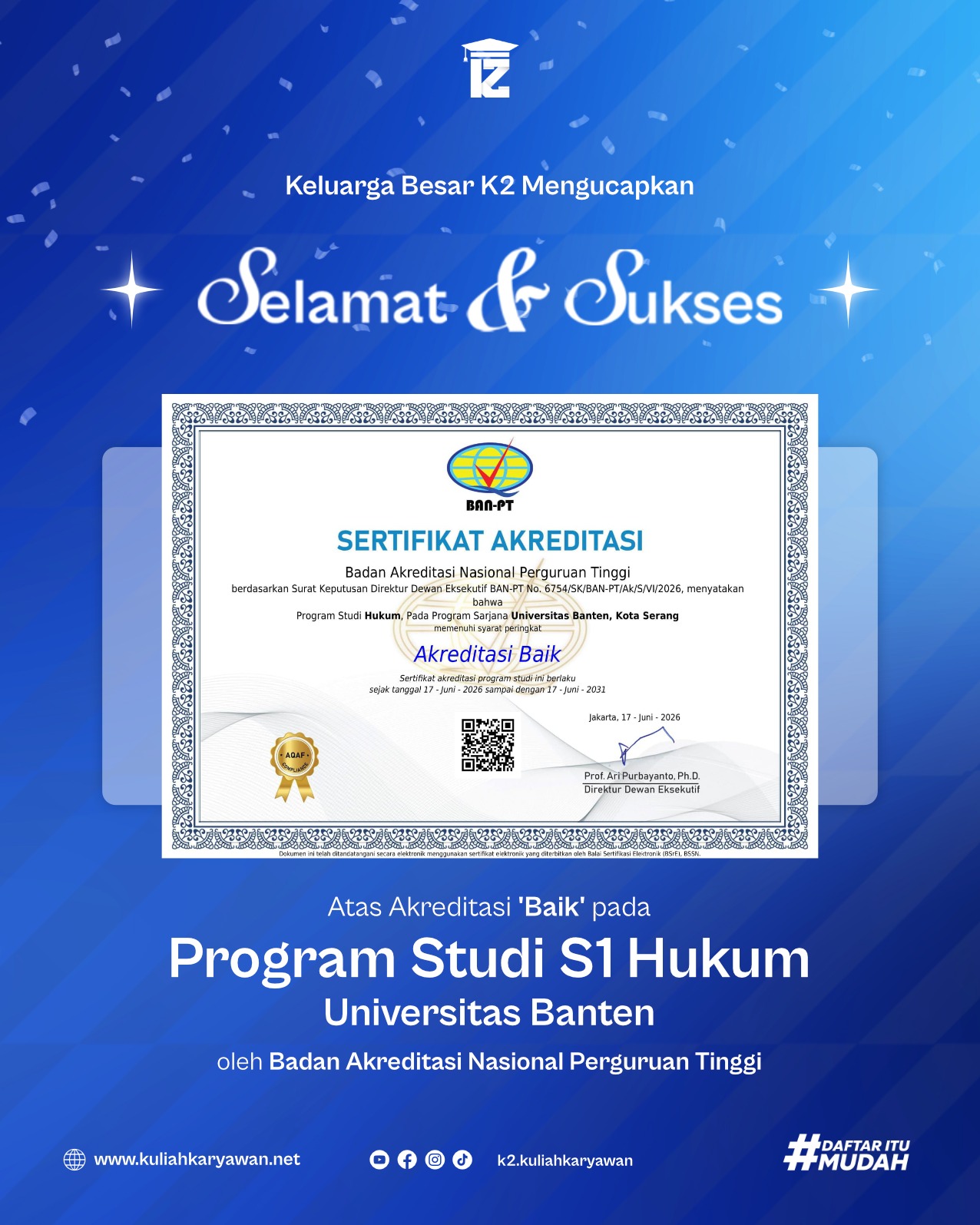 Prodi S1 Ilmu Hukum Universitas Banten Raih Akreditasi baik dari BAN PT