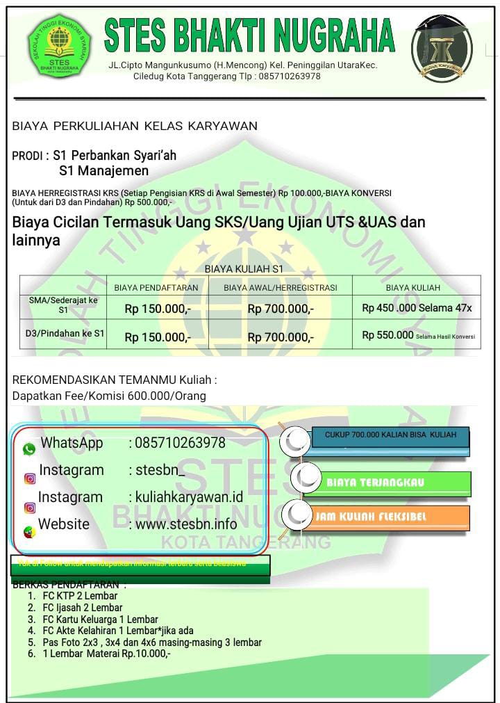 Biaya Kuliah STES Bhakti Nugraha Wilayah Tangerang
